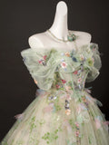 Off Shoulder Tulle Lace Green Floral A Line Prom Dress