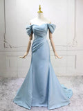 Mermaid Off Shoulder Satin Blue Ruched Prom Dress