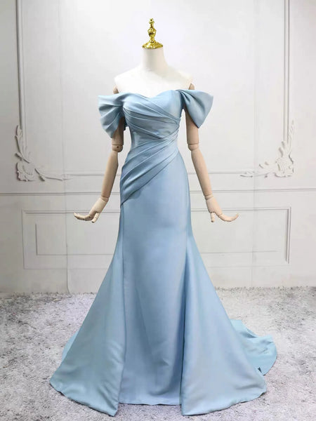 Mermaid Off Shoulder Satin Blue Ruched Prom Dress