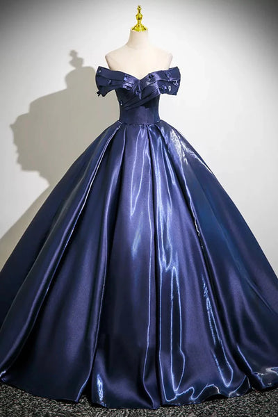 Navy Blue Satin A Line Off the Shoulder Prom Dress
