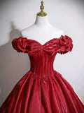 Off Shoulder Burgundy Tulle A Line Prom Dress