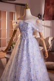 A Line Blue Flower Tulle Off the Shoulde Prom Dress