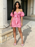 Pink Lace Sheath Column Puffy Sleeve Homecoming Dress