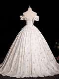 Off Shoulder Satin Light Champagne Print A Line Prom Dress