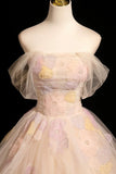 A Line Off the Shoulder Beading Flower Tulle Prom Dress