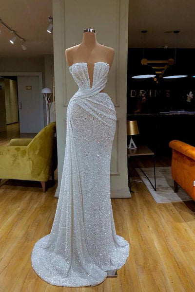 Ruched Silver Sequin Strapless Mermaid Prom Dress With Slit