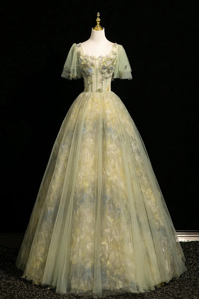 Green Flower Print Off The Shoulder Prom Dress