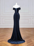 Mermaid Dark Blue Vevelt Off The Shoulder Ruched Prom Dress