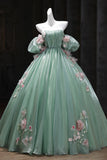 Green Tulle Flower Off The Shoulder A Line Prom Dress
