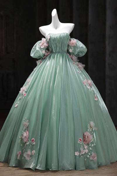 Green Tulle Flower Off The Shoulder A Line Prom Dress
