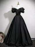 Off Shoulder Satin A Line Black Ruffles Prom Dress