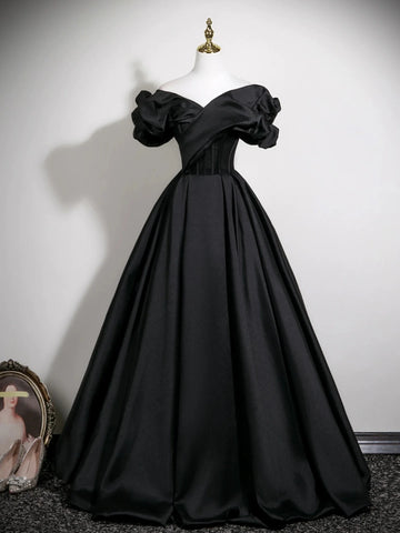 Off Shoulder Satin A Line Black Ruffles Prom Dress