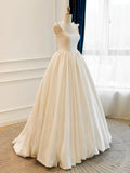 A Line Satin Boat Neck Ivory Bow Prom Dress