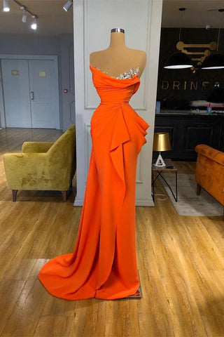 Crystal Vibrant Ruffled Orange Strapless Prom Dress