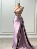 Dusty Lavender Appliques One Shoulder Satin Mermaid Prom Dress