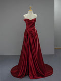 A Line V Neck Satin Dark Blue Ruched Prom Dress