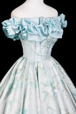 Floral Print Blue Pearl Printing Off The Shoulder Prom Dress