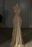 Plunging V-Neck Golden Sequin Halter Prom Dress