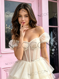 White Puffy Sleeve Short Mini Tulle Homecoming Dress
