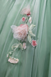 Green Tulle Flower Off The Shoulder A Line Prom Dress