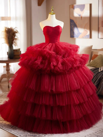 Burgundy Tulle Sweetheart Ruffle A Line Prom Dress