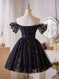 A-Line Off Shoulder Tulle Beads Black Homecoming Dress