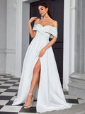 Off The Shoulder Ruched A Line Wedding Dress With Slit