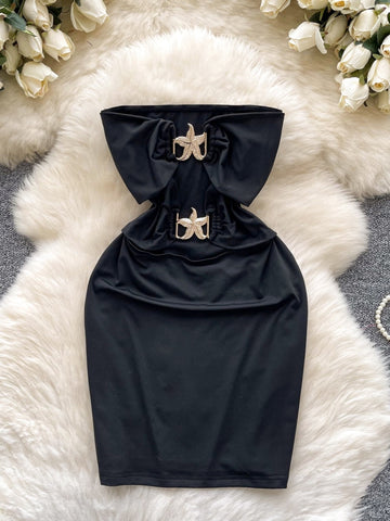 Oversized Bow Starfish Buckle  Black Bodycon Dress