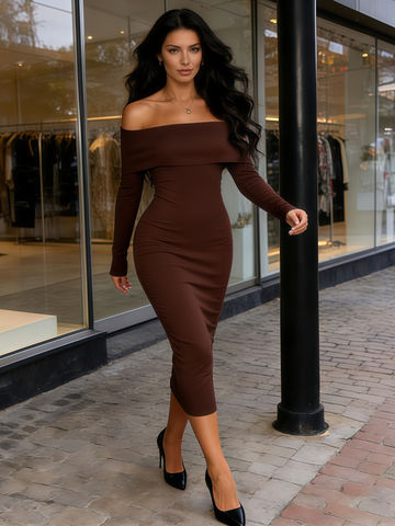 Brown Long Sleeve Elegant Knit Club Party Midi Maxi Dress