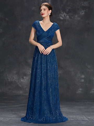 Ruched V Neck Cap Sleeve Sequin Blue Prom Dress