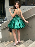 Green Spaghetti Straps Satin Cut Out Ruched Homecoming Dress