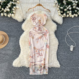 Floral Print Beige Bodycon Maxi Dress