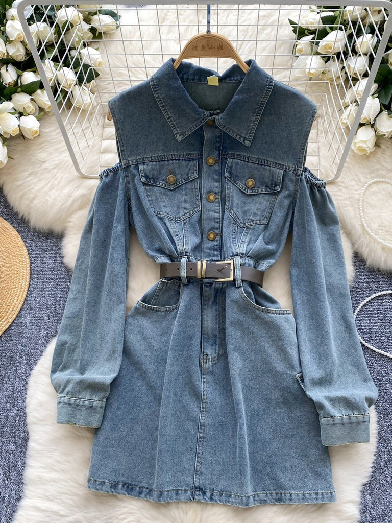 Belted Waist Button Off-Shoulder Denim Dress Ncocon Belted Waist Button Off-Shoulder Denim Dress Ncocon