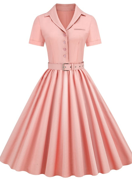 Retro solid color spell receiving waist swing dress