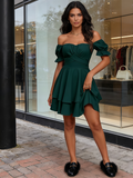 Green Wrap Layer Ruffle Short Sleeve Off Shoulder Mini Dress