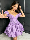 Lilac Sweetheart Short Sleeves Layer Mini Satin Homecoming Dress