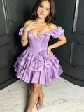 Lilac Sweetheart Short Sleeves Layer Mini Satin Homecoming Dress
