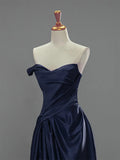 A Line V Neck Satin Dark Blue Ruched Prom Dress