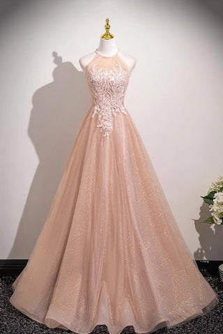 Pink Tulle Lace A Line Open Back  Prom Dress