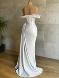 Draped Train Ivory Off The Shoulder Satin Mermaid Prom Dress
