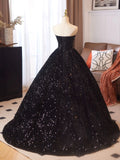 A Line Velvet Sequin Black Sweetheart Prom Dress