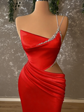 Crystal Vibrant Red One Shoulder Satin Mermaid Prom Dress