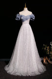 Shiny Tulle Sequin A Line Gray Evening Prom Dress