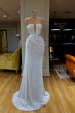 Ruched Silver Sequin Strapless Mermaid Prom Dress With Slit