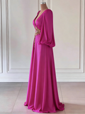 Gold Embellished Bishop Sleeves Fuchsia Pink V Neck Prom Dress