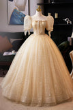 Champagne Tulle Sequins A Line Short Sleeve Prom Dress