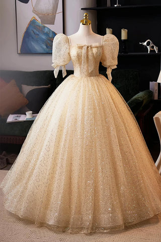 Champagne Tulle Sequins A Line Short Sleeve Prom Dress