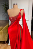 Trumpet Mermaid Beading Red One Shoulder Satin Prom Dress With Slit