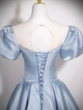 A Line Puff Sleeves Satin Blue Beading Prom Dress