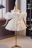 White Tulle Short Floral White Homecoming Dress